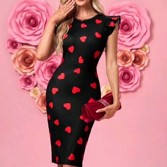 Valentine's Day Red Heart Print Round Neck Cap Sleeve Fitted Midi Dress - Picture 1 of 6